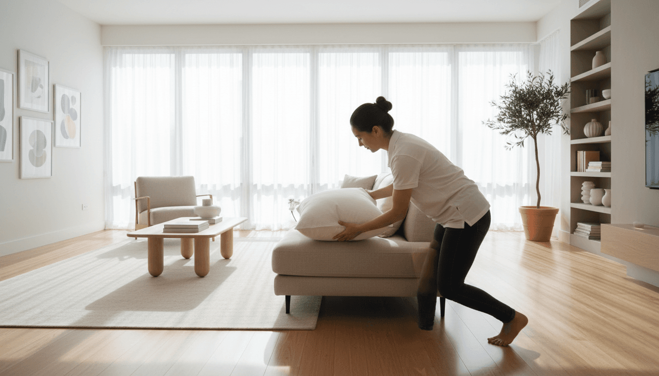 Professional cleaner adding finishing touches to an impeccably clean modern living room with natural light