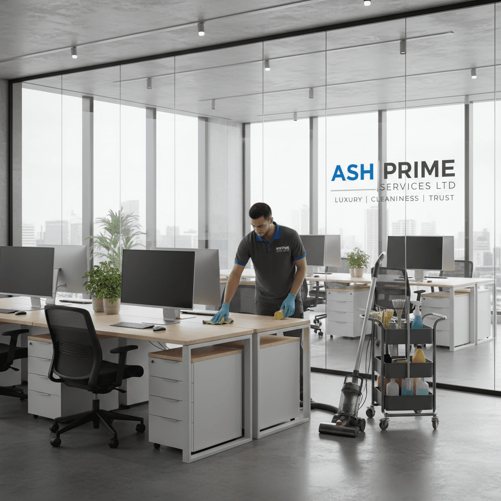 Cleaning staff maintaining a modern office with bright, natural lighting and sleek furniture